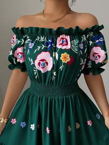 Modelyn 女士露肩花瓣袖印花收腰A字浪漫优雅休闲夏季连衣裙 - 綠色 - 查看 4