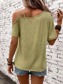 SHEIN LUNE Women's Off-Shoulder Grey T-Shirt With Heart Pattern, Suitable For Music Festivals,Summer Top - Olive Green - View 2