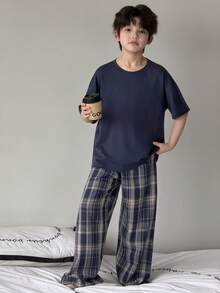 Dazy Kids Tween Boy Solid Color Short Sleeve Top And Plaid Pants Pajama Set Summer - Navy Blue - View 1