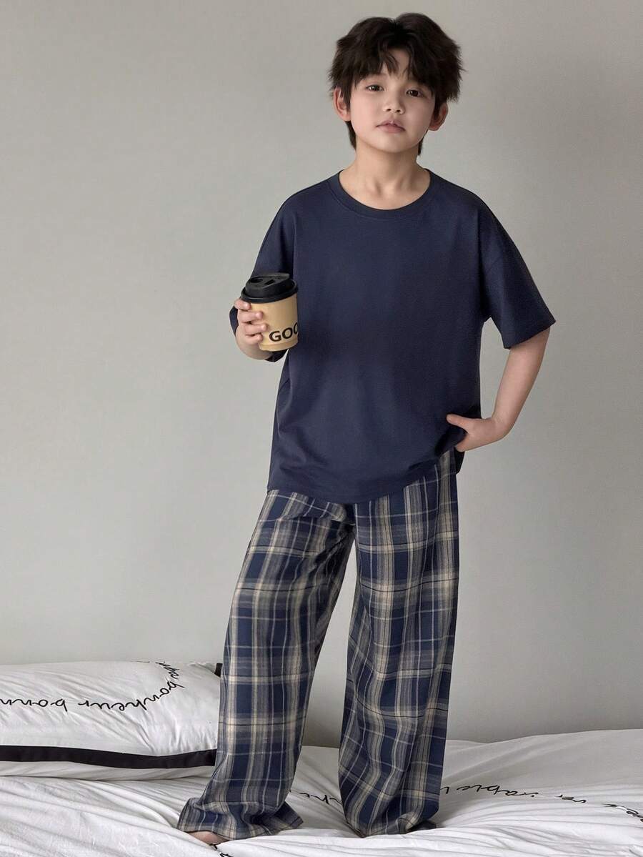 Dazy Kids Tween Boy Solid Color Short Sleeve Top And Plaid Pants Pajama Set Summer - Navy Blue - View 1