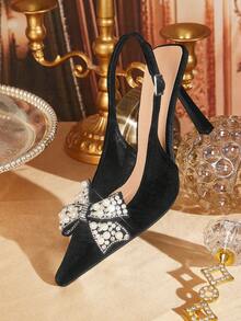 CUCCOO TILAWA Women's Fashion Stiletto Heels - Casual Commuter Summer Square Toe Rhinestone Pearl Bow Slip-On Pumps - Comfortable Slip-On Shoes - Black - View 6