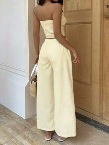 SHEIN SunnyBelle 女士黄色条纹抹胸上衣和高腰紧身裤套装，时尚百搭街头风度假装，春夏款 - 黃色 - 查看 2