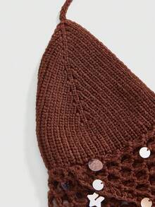 ROMWE Avant Áo thun nữ kiểu retro gợi cảm, cổ yếm, xẻ sâu, đính sequin thủ công, vạt áo bất đối xứng, chất liệu dệt kim. - màu nâu - Xem 4