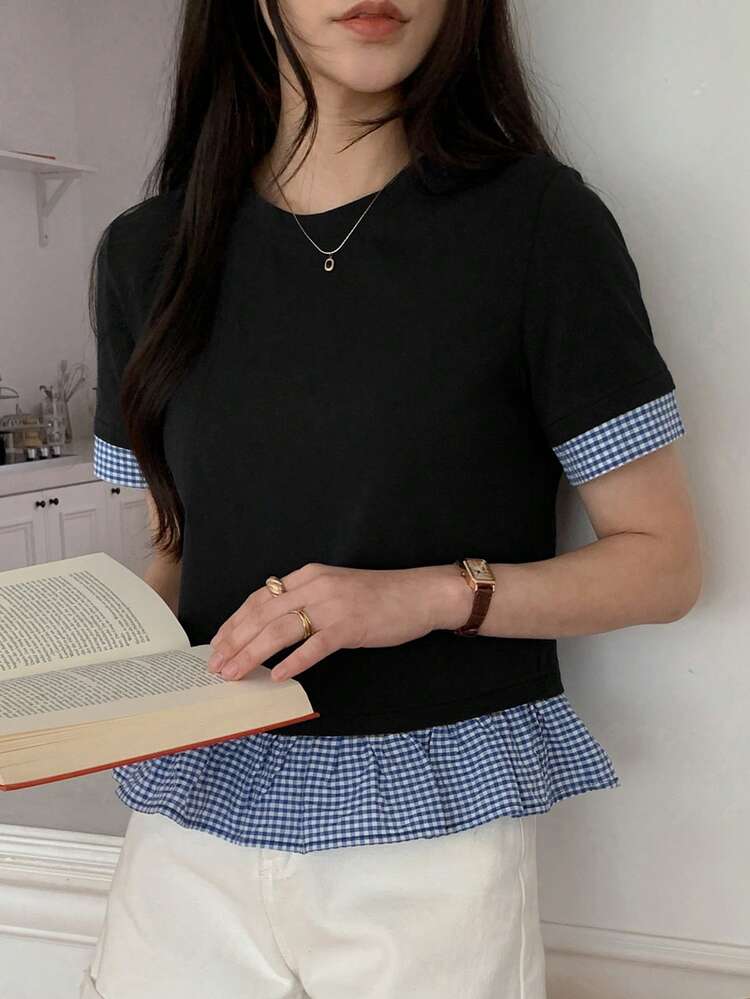 Women's Summer Round Neck Short Sleeve Plaid Patchwork Casual Cropped Cute T-Shirt