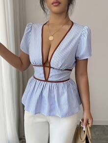 SHEIN Elenzya Elegant Summer Vacation Holiday Blue Striped Plunging Neck Sexy Hollow Out Women Blouse - Blue - View 5