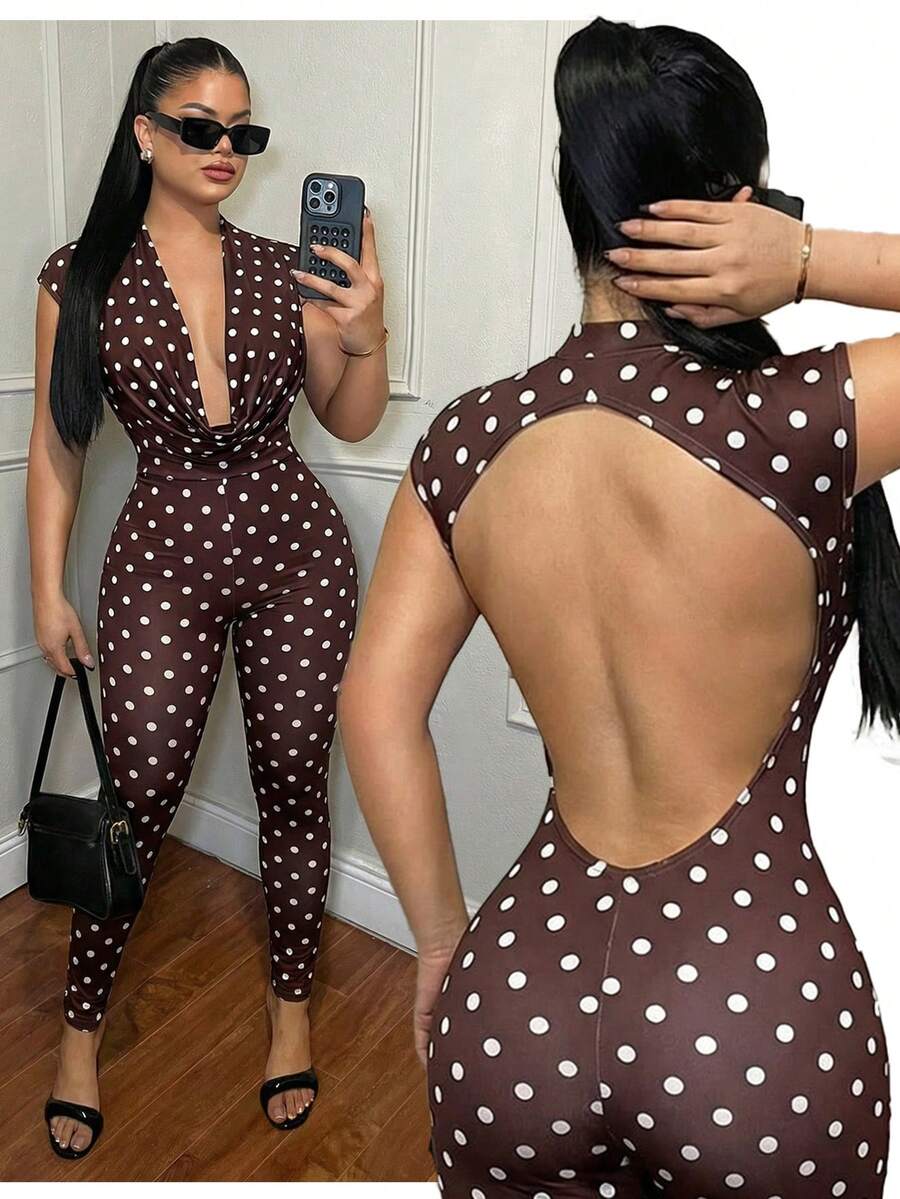 SHEIN SXY 波点深V露背性感连体裤 - 彩色 - 查看 1