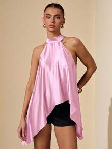 SHEIN BAE Olive Green Satin Halter Neck Backless Loose Maxi Dress, Suitable For Spring/Summer Vacation, Beach, Elegant Wedding Guest, Holiday, Autumn/Winter Evening Occasions, Christmas, Halloween - Baby Pink - View 4