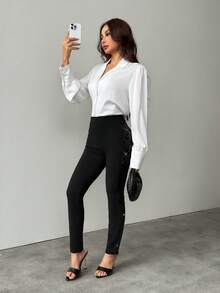 SHEIN PETITE Black Sequin Panel Cropped Skinny Pants - Black - View 6