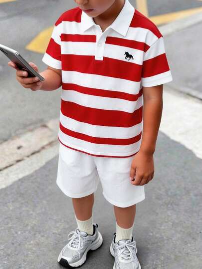 SHEIN 2pcs/Set Boys' Casual Striped Polo Shirt & White Shorts Set, Versatile Outfit For School, Birthday, Party, Wedding, Baptism, Opening Ceremony, Travel, Sports, Spring/Summer