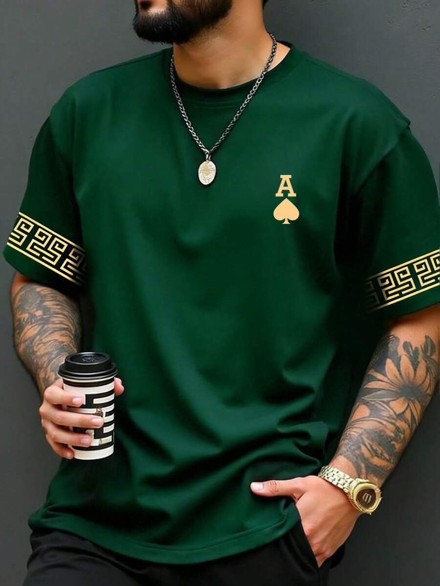 Manfinity LEGND 加大码男士时尚 Spade A 花卉印花短袖T恤，休闲简约百搭T恤，送给男友或家人的绝佳礼物 - 綠色 - 查看 1