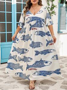 SHEIN CURVE+ Curve 尺码 US22 音乐节、海滨度假、波西米亚风女士度假宽松碎花 V 领短袖娃娃衫教师连衣裙、阿拉伯连衣裙、阿拉伯服装波西米亚风度假 - 藍白色 - 查看 2