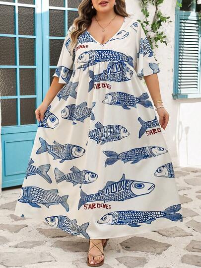 SHEIN CURVE+ Curve Size US22Music Festival, Seaside Vacation, Bohemia Women's Vacation Loose Ditsy Floral V-Neck Short Sleeve Babydoll Teacher Dress,Arabian Dress,Arabian Clothing Boho Vacation