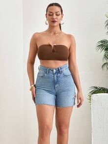 SHEIN Pantalón corto de estilo casual para mujer de talle alto, azul claro, con detalles de botones frontales - Lavado ligero - Ver 6