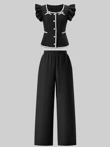 SHEIN Bộ 2 áo crop top tay lỡ họa tiết hoa cho bé gái tuổi teen có nơ trang trí và quần ống rộng - màu đen - Xem 5