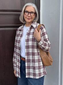 DAZY 复古格子宽松长袖收腰休闲度假女式衬衫，春夏款 - 棕色 - 查看 4