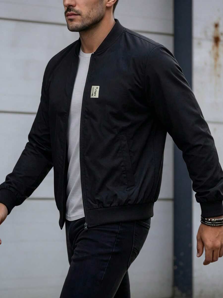 ARLO REED Men's Letter Embroidered Zip-Up Baseball Jacket - Black - View 1