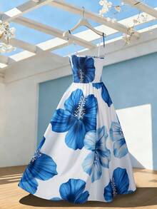 Franclia 蓝白碎花吊带连衣裙，褶皱设计长款连衣裙，夏季清爽海滩度假碎花连衣裙 - 淺藍色 - 查看 2