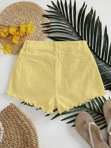 Rivivi Quần short denim nữ dáng casual, gấu quần rách, có túi. - Màu vàng - Xem 2