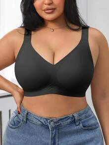 1pc Women Minimalist Comfortable Solid Color Jelly Gel Supportive Non-Removable Cup Wireless Plus Size Bra - Black - View 6