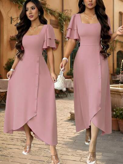 Rafferiza 女士春夏法式方领修身荷叶边短袖连衣裙，复古不对称下摆纽扣设计，通勤、约会、度假皆宜，优雅时尚