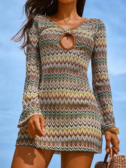 Swim Vcay 女士多色长袖V领优雅约会度假迷你连衣裙