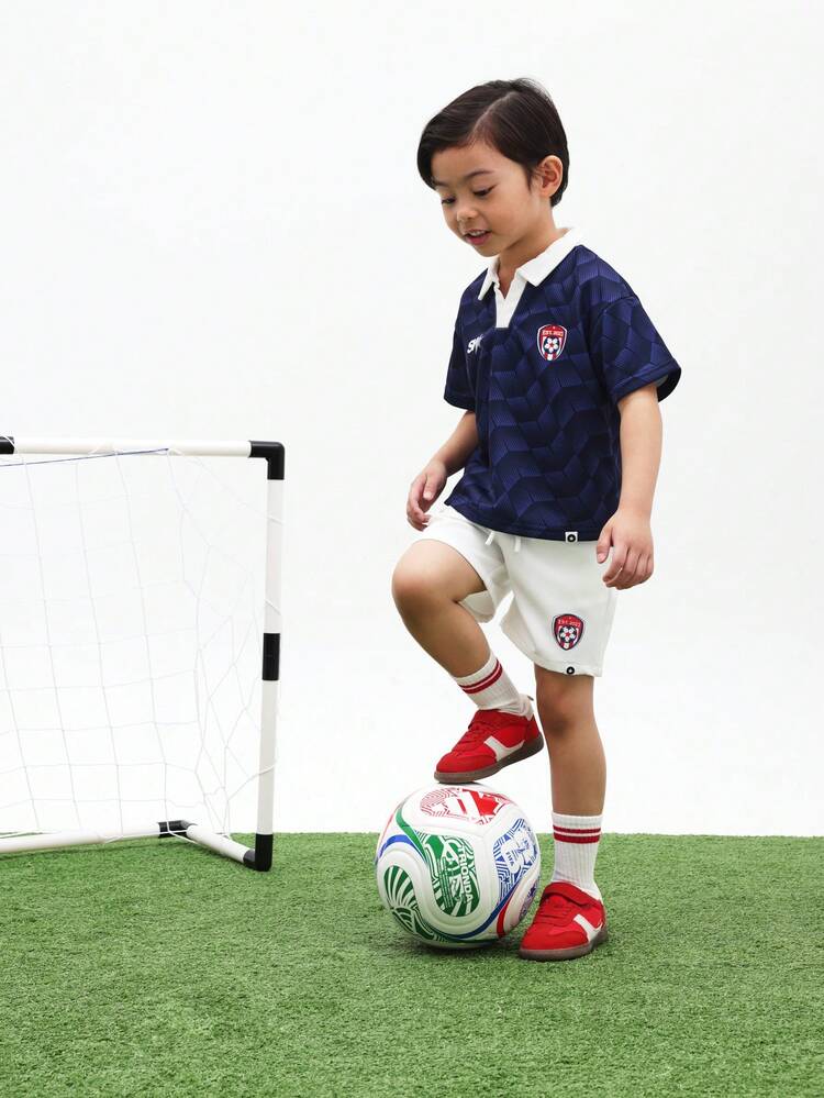 Boys Navy Geometric Pattern Polo Shirt And Shorts Set With White Collar Casual Summer Co-Ord Outfit