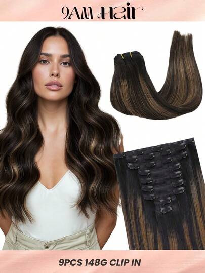 100% Real Human Hair 9PCS Straight Clip In Hair Extensions 148G 14-24 Inch Natural Black To Chestnut Brown Color Double Weft Invisible Clip Hair Extensions Remy Natural Human Hair For Women Girls Daily Use