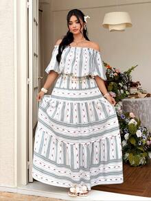 Celure Plus Size Women's Off-Shoulder Petal Sleeve Printed Striped A-Line Dress, Vacation Style - Multicolor - View 7