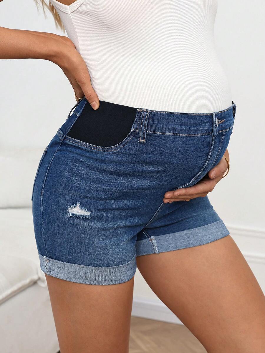 SHEIN Pantalones cortos vaqueros desgastados y lavados de estilo casual de maternidad para el verano, disfraz de carnaval de verano, uso diario, vacaciones, graduación, elegante, estilo Y2K, lindo, fiesta, boda, casual de negocios, vestido vaquero de mujer de talla grande con cuello de barco, manga corta, cintura elástica, longitud mini, casual y cómodo - Azul - Ver 1