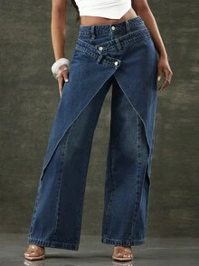 Denimoi 女士不对称腰线阔腿宽松休闲牛仔裤 - 藍色 - 查看 1