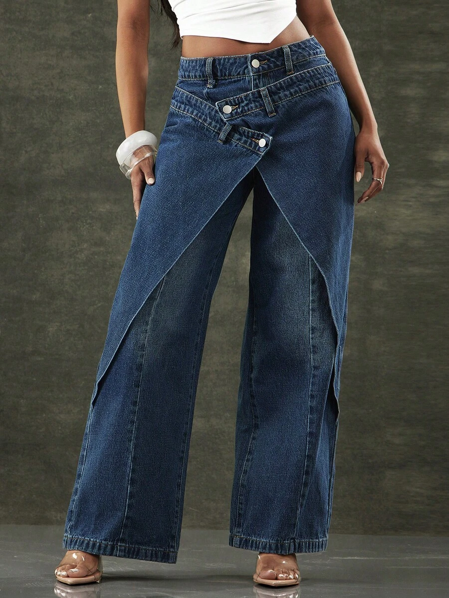 Denimoi 女士不对称腰线阔腿宽松休闲牛仔裤 - 藍色 - 查看 1