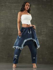 Denimoi Drop Crotch Barrel Jeans Distressed Jeans Layered Denim Jean Fashionable Streetwear Barrel Leg - Dark Wash - View 2