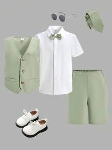 3pcs Kids Tween Boy Sage Green Elegant Summer Graduation Set,Sleeveless Vest Jacket,Short Sleeve Shirt With Bow Tie,Woven Shorts Gentleman Outfit - Multicolor - View 1