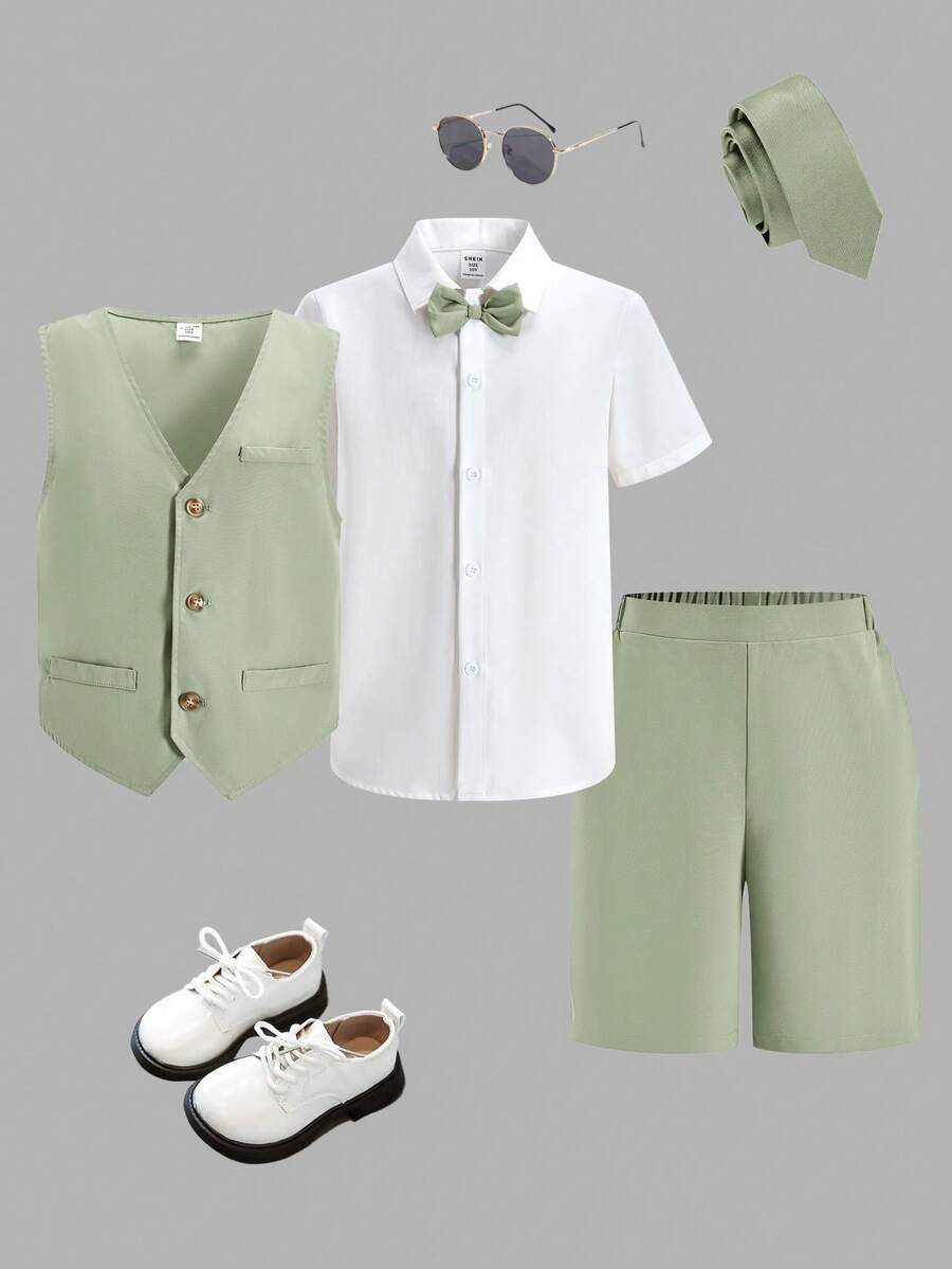 3pcs Kids Tween Boy Sage Green Elegant Summer Graduation Set,Sleeveless Vest Jacket,Short Sleeve Shirt With Bow Tie,Woven Shorts Gentleman Outfit - Multicolor - View 1