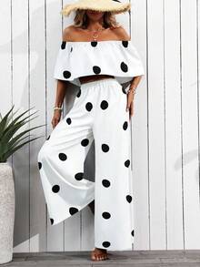 EMERY ROSE Polka Dot Print Off-Shoulder Top And Pants Two Pieces Set (Floral Pattern Asymmetrical Cut) - Black and White - View 3