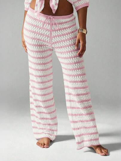 MISSGUIDED Women Crochet Stripe Wide Leg Drawstring Pants Casual Boho Knit Trousers Beach Vacation Summer Lounge Wear