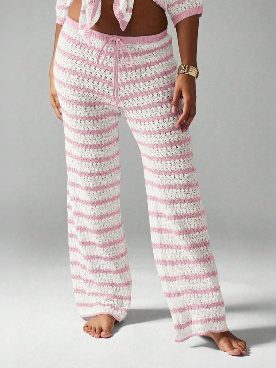 MISSGUIDED Women Crochet Stripe Wide Leg Drawstring Pants Casual Boho Knit Trousers Beach Vacation Summer Lounge Wear - Pink - View 1