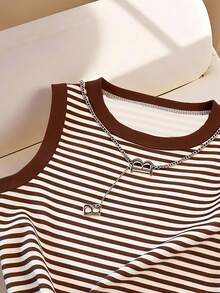 New Arrival Fashionable Versatile Khaki Striped Round Neck Tank Top For Women - Multicolor - View 3