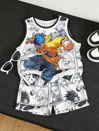 SHEIN 2pcs Kids Boys Casual Everyday Versatile Comfortable Letter & Number Print Crew Neck Sleeveless Tank Top And Shorts Knit Set, Suitable For Commuting, School, Casual, Travel, Sports, Spring/Summer/Fall/Winter