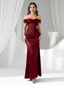 Coutiva Women's Solid Color Off-Shoulder Twist Design Elegant Formal Evening Gown (Embellished) - Red - View 6