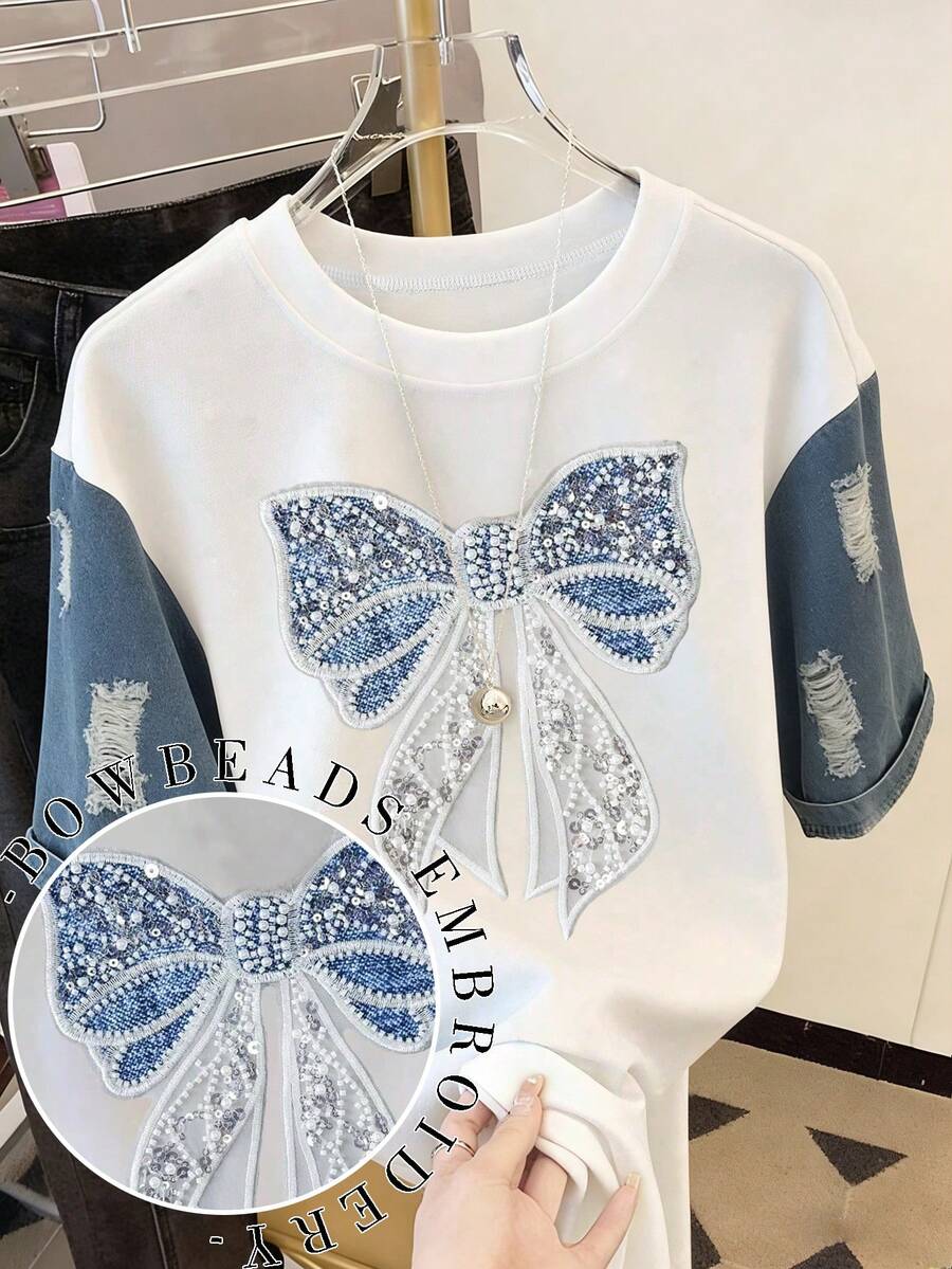 Resyla 女士时尚休闲落肩圆领仿牛仔拼接T恤，珍珠蝴蝶结刺绣拼接T恤，蝴蝶结T恤，珍珠T恤，拼接T恤，休闲舒适户外T恤，四季皆宜T恤，仿牛仔T恤 - 白色 - 查看 1
