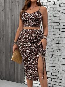 SHEIN VCAY Plus Size Leopard Print Camisole And Slit Skirt 2 Pieces Set - Multicolor - View 5