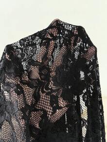 Lounesse 大码女式镂空露背圆领蕾丝拼接设计休闲宽松短袖上衣，大码黑色T恤 - 黑色 - 查看 9