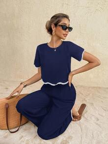 SHEIN Frenchy Bộ đồ nữ gồm áo tay ngắn cổ tròn phối màu và quần ống rộng, kiểu dáng thường ngày. - Màu xanh hải quân - Xem 6