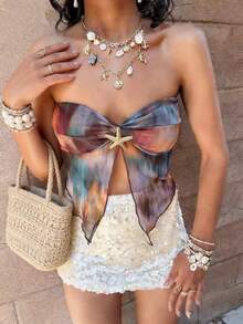 INAWLY 女士休闲度假性感扎染印花露脐抹胸上衣 - 咖啡棕 - 查看 1
