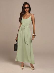 COSMINA Women's Elegant Sage Green Summer Mid-Length Dress,Spaghetti Strap Deep V-Neck Tie Waist Brunch Vacation Resort Wear,Casual Office Commute Dress - Yellow - View 3