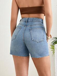 SHEIN Pantalón corto de estilo casual para mujer de talle alto, azul claro, con detalles de botones frontales - Lavado ligero - Ver 2