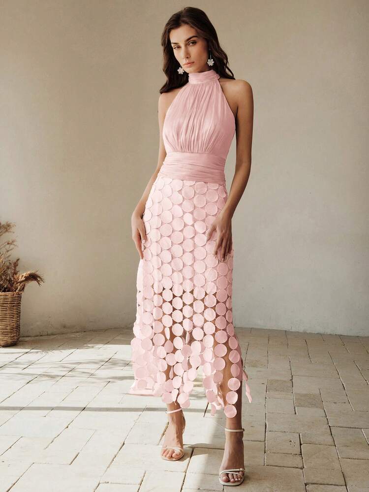 女士亮面吊带背心，优雅性感休闲露脐上衣 - 粉色 - 查看 1