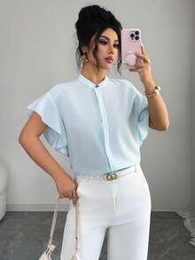 SHEIN Elenzya Fashionable Ruffle Sleeve Open Front Elegant French Style Round Neck Blouse For Women - Baby Blue - View 6