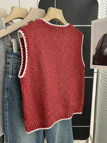 Franclia New Korean Design Contrast Stitching Layered Knit Vest For Women, Fashionable Casual Sleeveless Cardigan Sweater Top For Autumn/Winter - Redwood - View 2